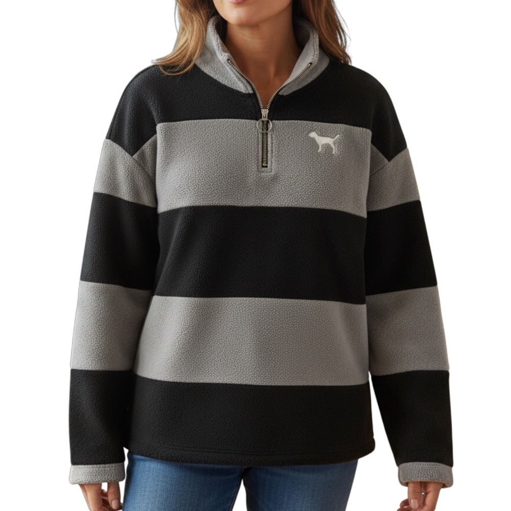 PINK Victoria’s Secret Black/Grey Striped 1/4 Zip Polar Fleece‎ Pullover - 6032